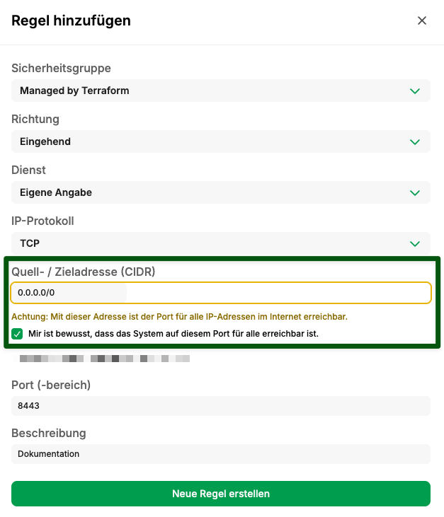 Adding a security rule with CIDR address and TCP protocol settings in Terraform.